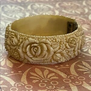 Vintage 1930’s-40’s ivory colored carved celluloid clamper bracelet rose design